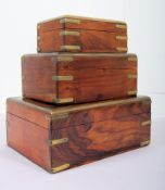 A set of 3 mahogany & brass graduating inlaid jewellery boxes, each fitting into one another, all