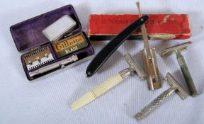 A selection of gentlemans' vintage razors to include a Durham Duplex razor, a cased travel razor and