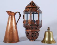 An assortment of copper and brass wares to include a Moorish style lamp, a brass ARP bell etc. Lamp;