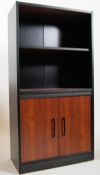 1970's retro teak veneer and ebonised office filing cabinet. Inset plinth base with cupboard