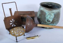 A mixed lot of vintage metal wares to include a large copper wash dolly (128cm long), a vintage