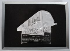 A commemorative railway train plaque for the 150th anniversary of passenger trains, amde by B.R.E.