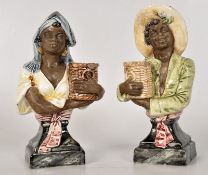 A pair of Majolica `His & Her` busts, marked to base `2061`. 16cm tall.