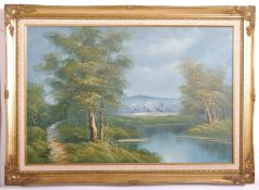 A framed oil on canvas of mountain and river scene with indistinct signature. 75cm x 45cm.