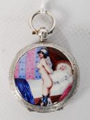 An antique white silver (marked 935) fob watch with enamel set picture of a nude. 4cm diameter.
