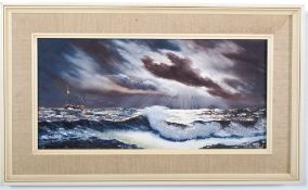 A Richard Roberts Welsh maritime seascape oil on board of a fishing trawler in stormy seas. 49cm x