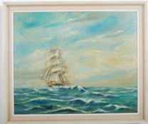 Oil on canvas titled `Invercargill` an immigration clipper in the North Sea. 59cm x 48cm.