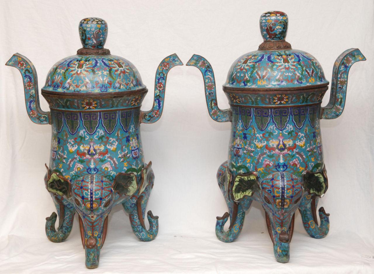 Pr OF PALATIAL CHINESE CLOISONNE ELEPHANT CENSERSPair of palatial sized Chinese cloisonne enameled