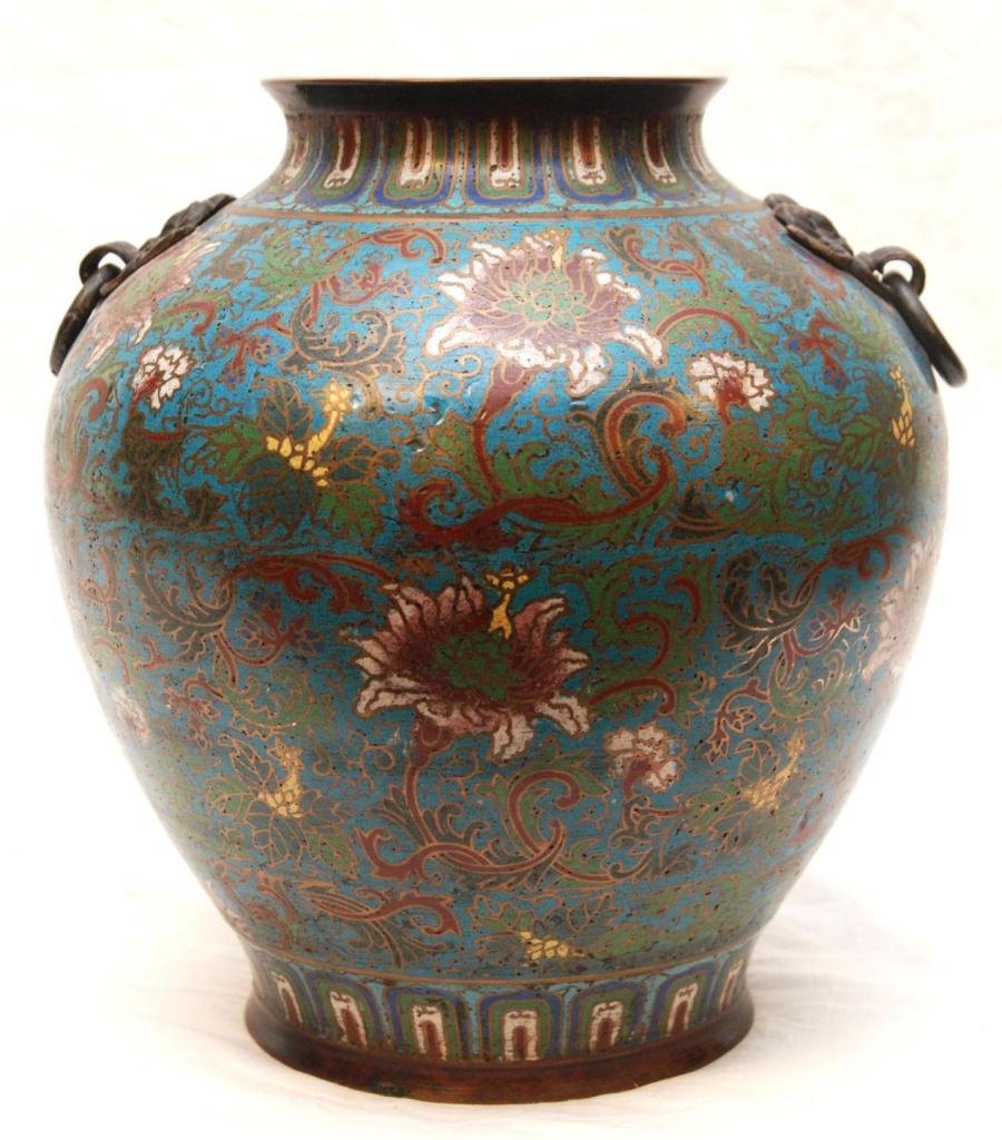 ANTIQUE CHINESE CLOISONNE LOTUS BLOSSOM VASEAntique Chinese cloisonne enameled bronze vase with