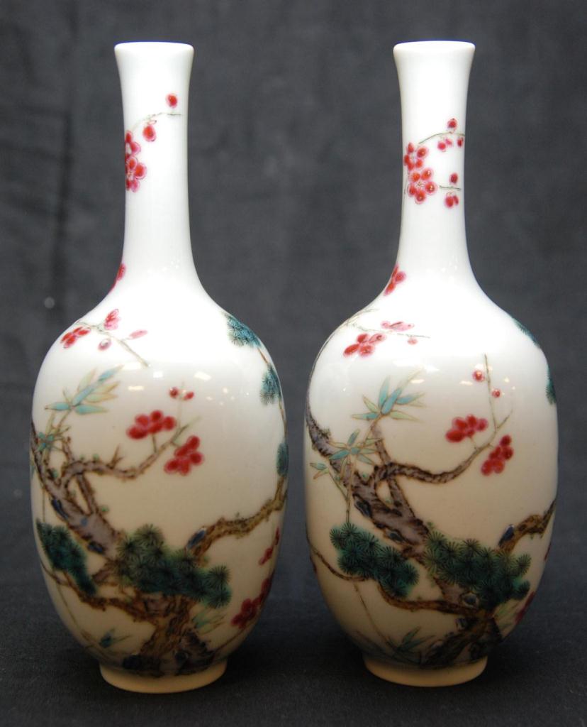 PAIR OF CHINESE FAMILLE ROSE BOTTLE VASESPair of Chinese hand painted enameled porcelain Famille