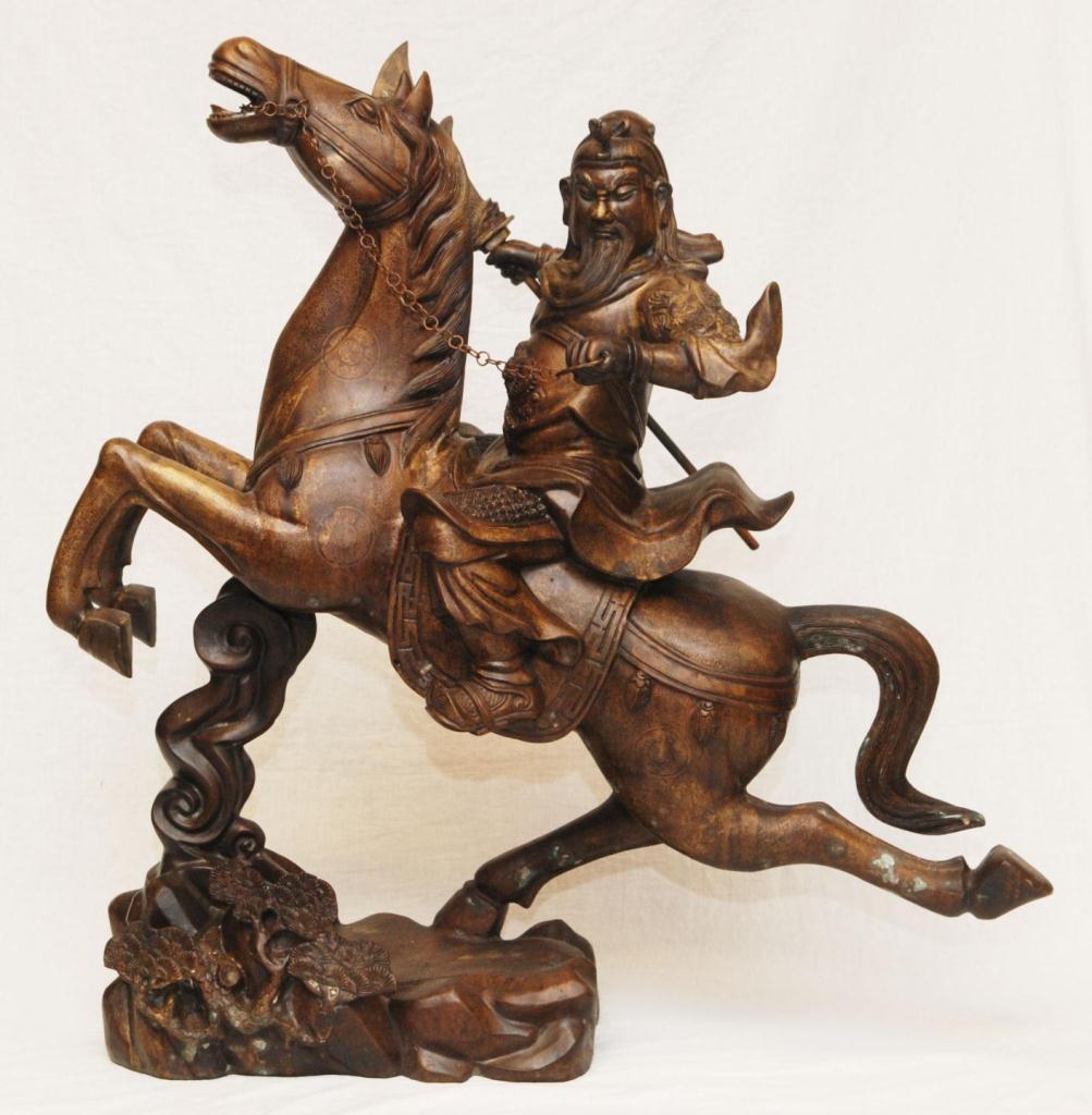 PALATIAL CHINESE BRONZE FIGURE OF GUAN YU ON HORSEPalatial sized Chinese bronze sculpture