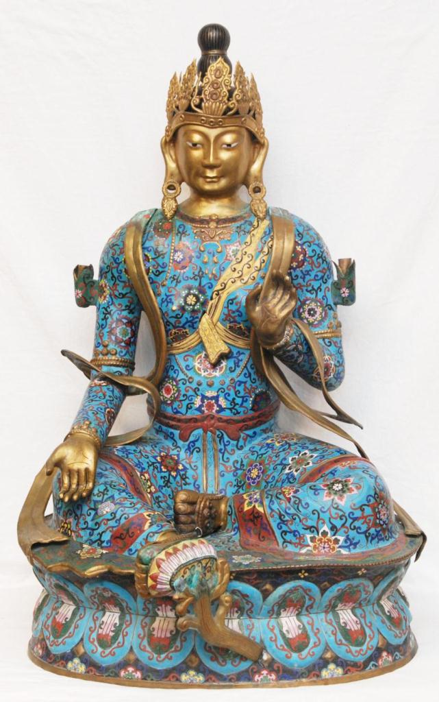 PALATIAL CHINESE CLOISONNE SEATED QUAN YIN FIGUREA palatial sized Chinese cloisonne enameled and