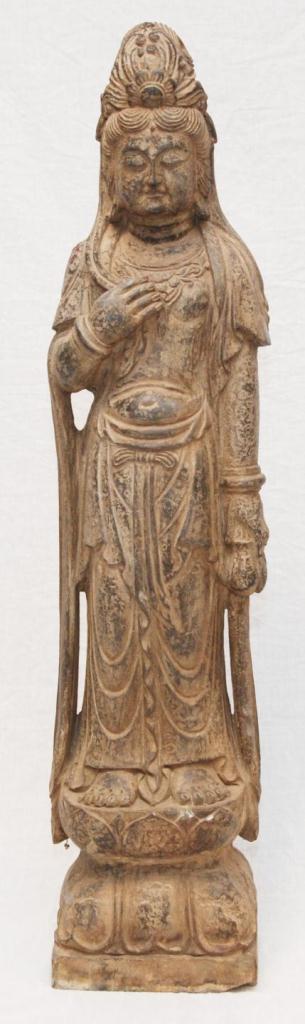 LARGE CHINESE CARVED STONE QUAN YIN FIGUREA large Chinese carved sculpture depicting a standing Guan
