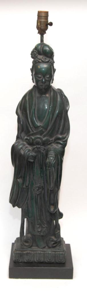CHINESE GREEN POTTERY FIGURAL QUAN YIN LAMPA Chinese green glaze pottery figural standing Guan Yin