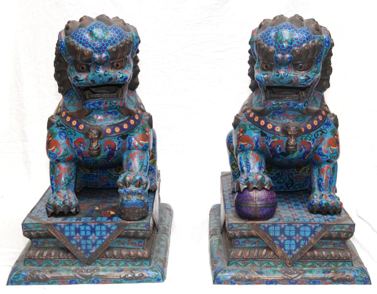 PAIR OF PALATIAL CHINESE CLOISONNE FOO DOGSA pair of palatial sized Chinese cloisonne enameled