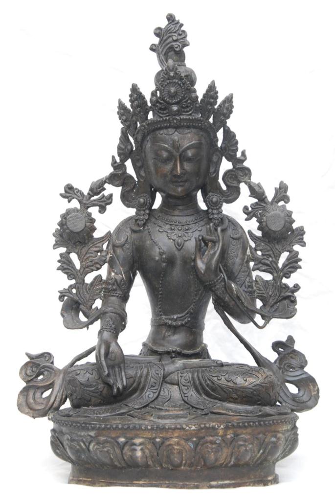 THAI SEATED BRONZE GODDESS FIGUREThai bronze sculpture depicting a goddess with flowers. She is