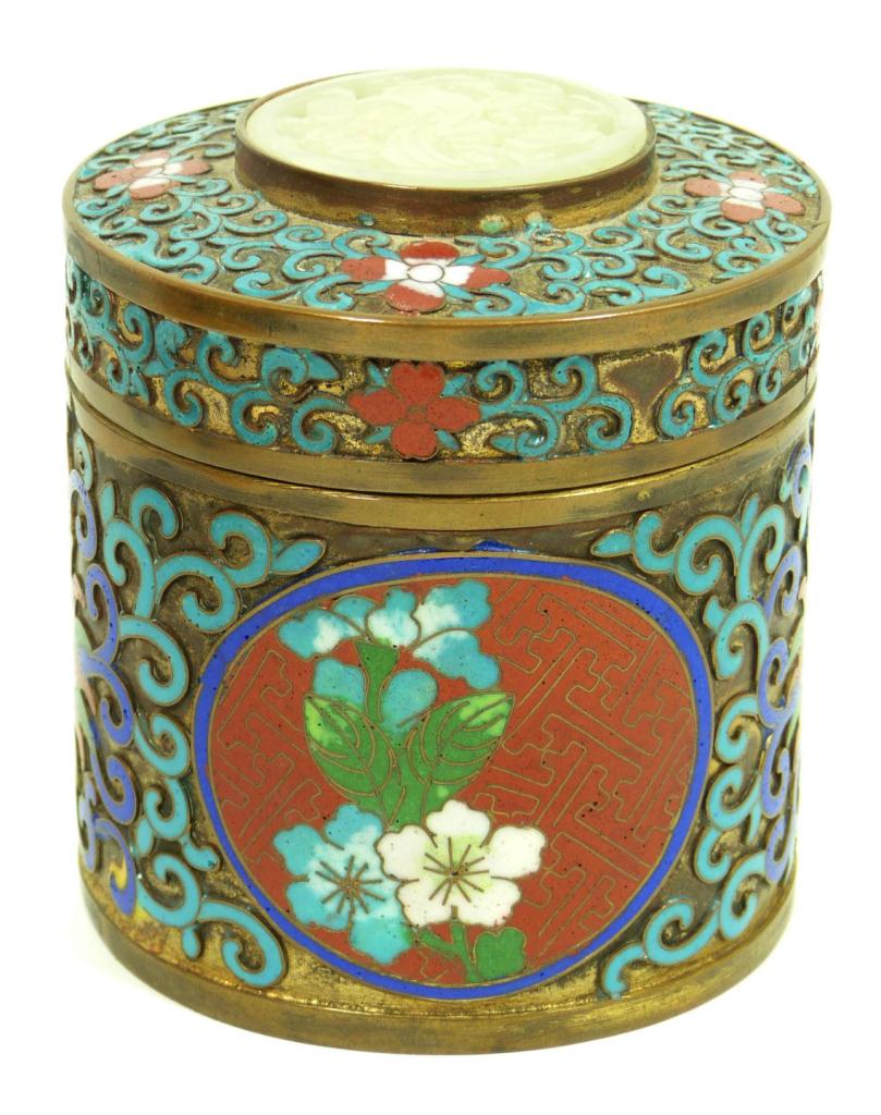 CHINESE CLOISONNE BOX WITH JADE PLAQUEChinese cloisonne enameled copper cylindrical form covered box