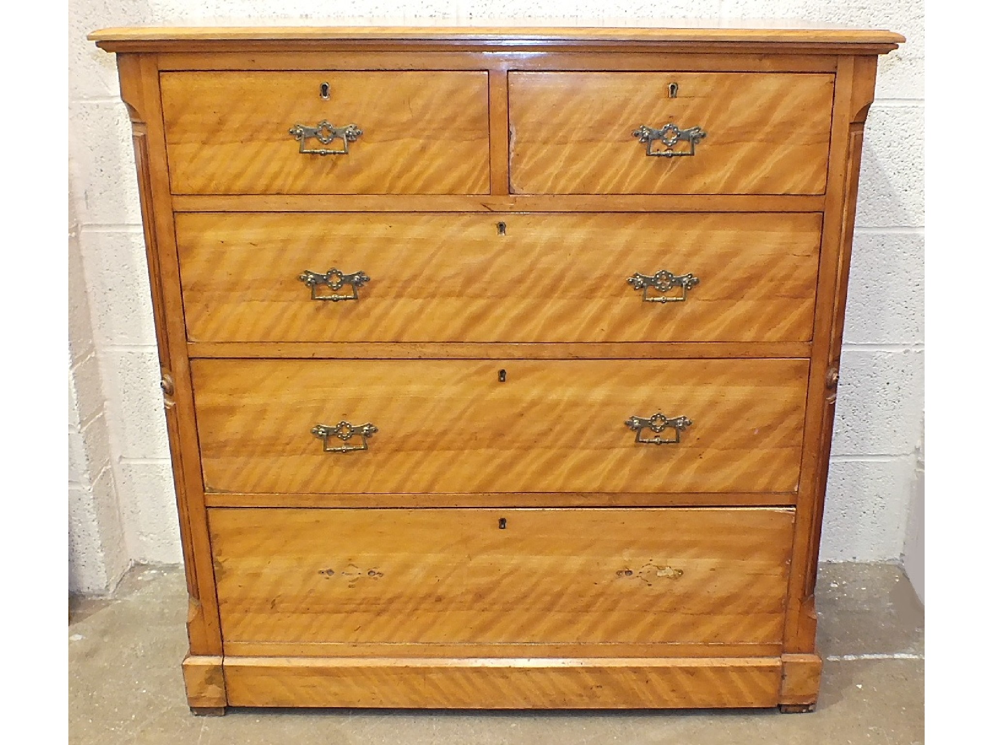 A Victorian satin birch rectangular chest of two short and three long drawers, on plinth base, 105cm