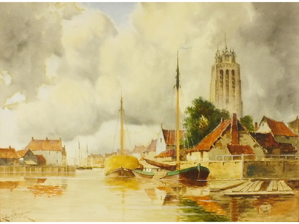 Louis van Staaten (1836-1909) DUTCH SCENE WITH MOORED BOATS ON A RIVER RUNNING THROUGH A TOWN