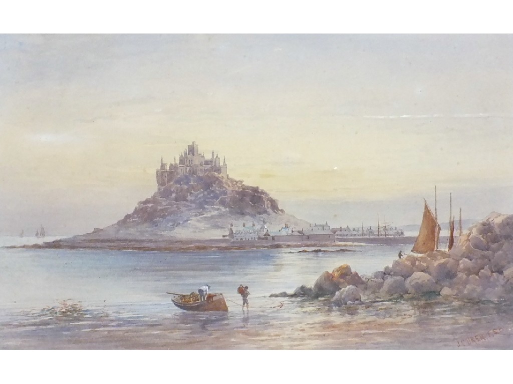 J C Uren F.S.A. (1845-1932) ST MICHAELS MOUNT WITH FISHERMEN OFF-LOADING CATCH IN FOREGROUND