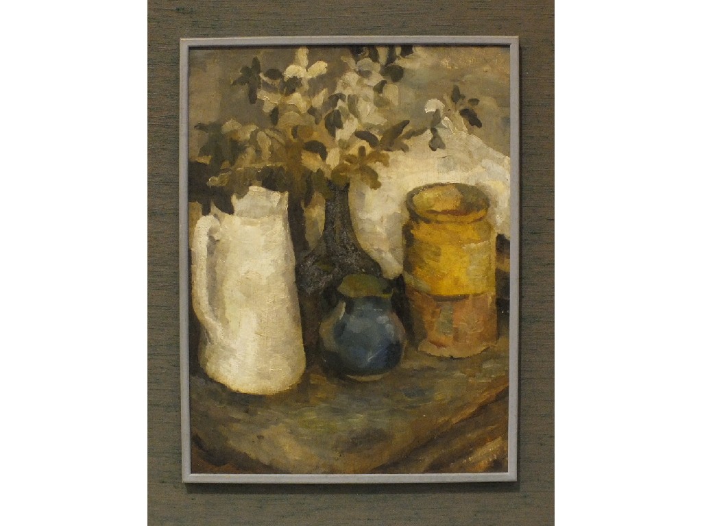 H D Musselwhite (20th century) STILL LIFE, A JUG, VARIOUS POTS AND FLOWERS IN A BOTTLE Oil on board,