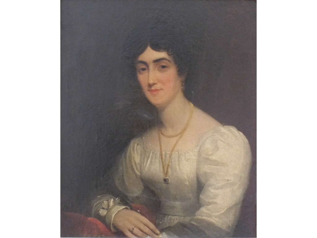 19th century English School PORTRAIT OF A YOUNG WOMAN WEARING A WHITE DRESS, AN AMETHYST NECKLACE