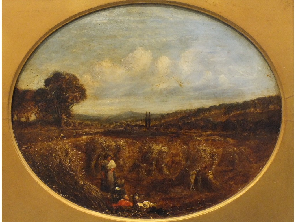 M J Fisher HARVEST Oil on canvas, unsigned, inscribed verso and on later label, framed oval, 24 x