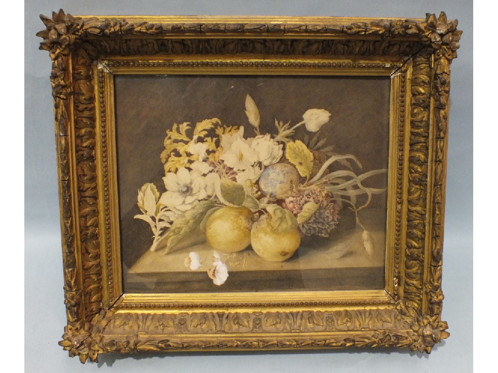 19th century English School STILL LIFE OF FRUIT AND FLOWERS ON A MARBLE PLINTH Watercolour,