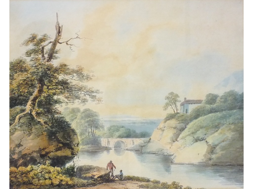 Style of William Payne FIGURES ON A RIVERBANK Watercolour, unsigned, 30 x 37cm and two other 19th