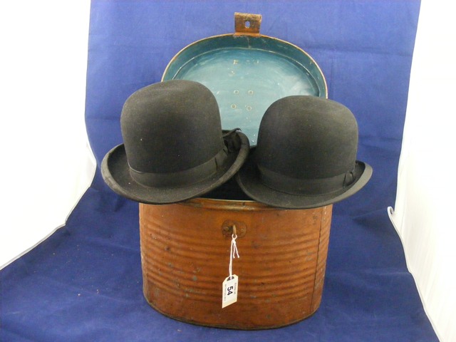 Two bowler hats and hat box est.