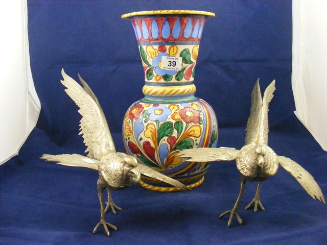 Pair of fighting cocks together with a vase est.