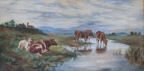E C Simpson,19th century English school - watercolour landscape with cattle, signed 11 x 22in. (28 x