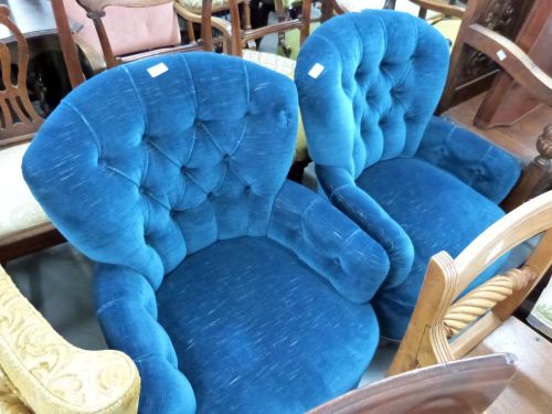 Pair of blue upholstered button back chairs