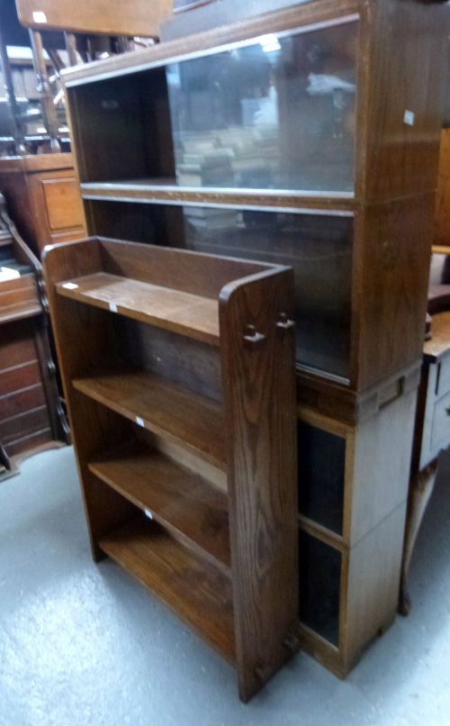 Pair of glass fronted bookcases and an oak open bookcase