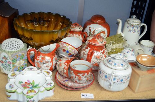 A Herend ashtray, a Ridgway bowl decorated with a coaching scene, other china including two part tea