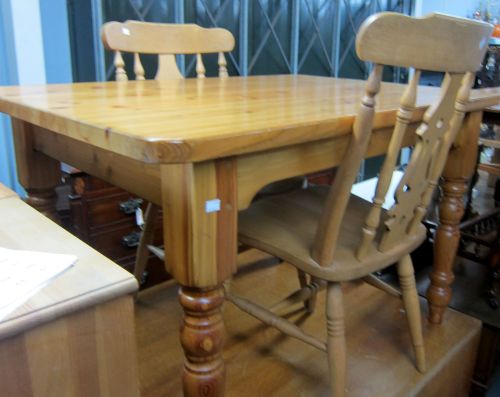Pine kitchen table and two chairs,