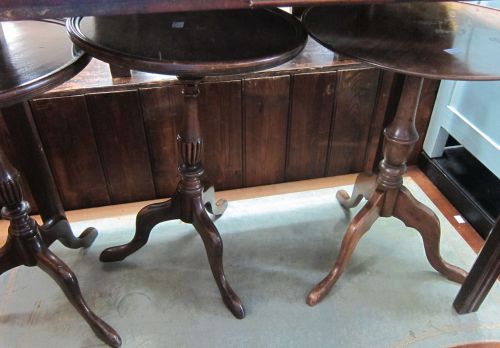 Three mahogany wine tables and a stool