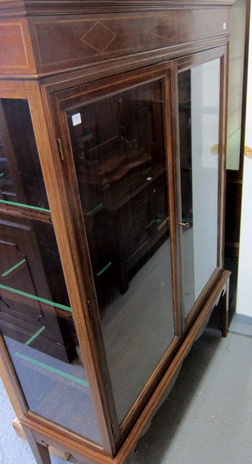 Mahogany and line inlaid display cabinet on stand,