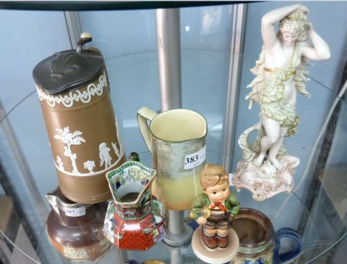 A Royal Doulton jug titled `Hamlet`, a Wedgwood Jasperware style tankard,a Masons Jug a Hummel