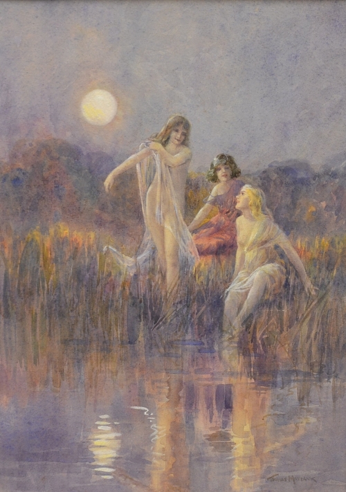 THOMAS MAYBANK (Ex.1898 - 1912) -  A moonlight bathe, watercolour, signed, unframed, 34cm x 24.5cm.