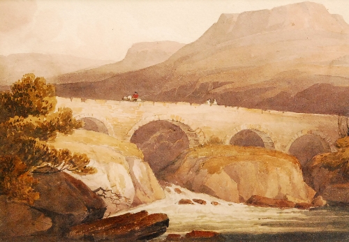 CIRCLE OF PAUL SANDBY MUNN (1773 - 1845) - A bridge in a mountainous river landscape, watercolour,