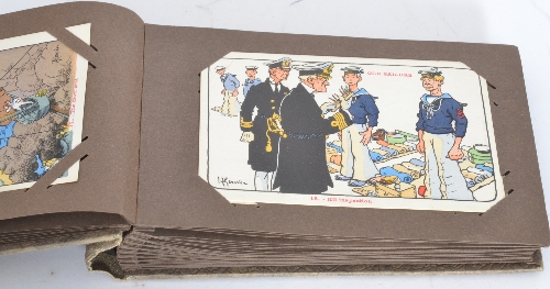 A postcard album containing a series of nineteen comical naval cards by H Gerves and various real