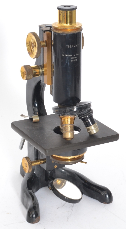 An early 20th Century part brass and black enamelled microscope by Watson and Sons London, N