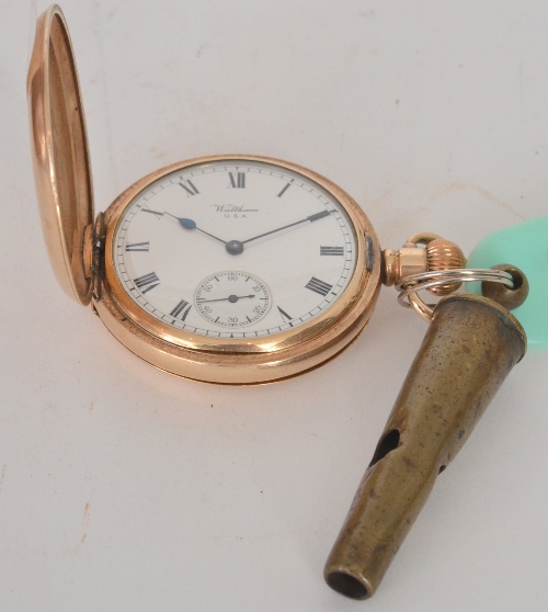An early 20th Century Waltham plated full hunter pocket watch with presentation inscription to ex
