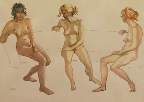 KENNETH ROSS WELLBURN - Three Nudes, ink and wash drawing, signed, 27.5cm x 39cm.