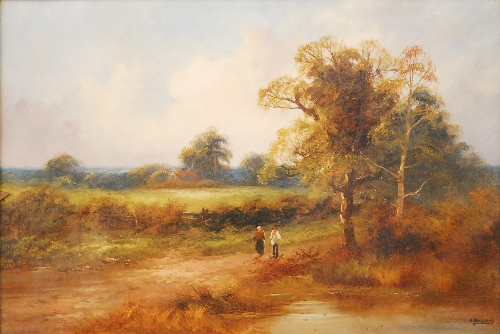 F. WALTERS (EARLY 20TH CENTURY) - `Figures on a path in a river landscape, oil on canvas, signed,