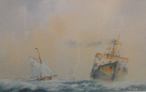 ALAN STARK (CONTEMPORARY) - A cargo ship and yachts at sea, watercolour, signed, 29cm x 47cm.