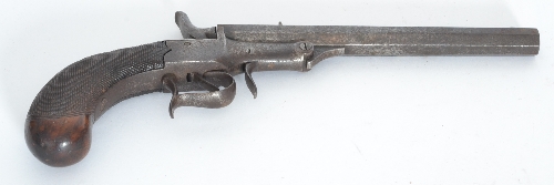 A 19th Century Belgian pin fire pistol, octagonal break barrel, hatched stock.