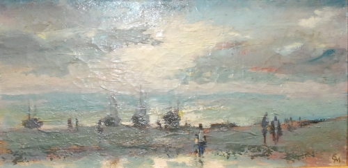 GEORGE MANCHESTER ARCA (1922 - 1996) - Oil on canvas of a sunset at Hastings with boats and