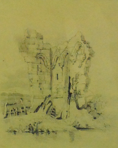 AFTER GEORGE CATTERMOLE - Pencil, study of Gothic ruins, unsigned, framed and with type-written note